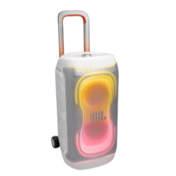 JBL PartyBox 130 pod kotom, prikaz svetlobnih učinkov in izvlečnega ročaja za prevoz.