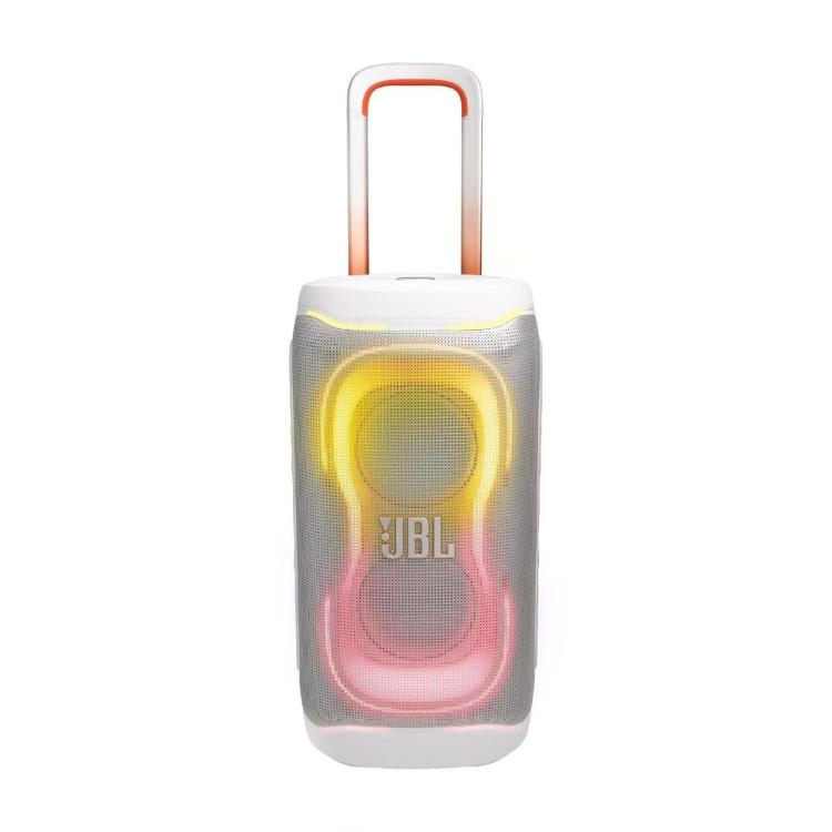 JBL PartyBox 130 v beli barvi s teleskopskim ročajem in osvetljenim sprednjim panelom.