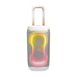 JBL PartyBox 130 v beli barvi s teleskopskim ročajem in osvetljenim sprednjim panelom.