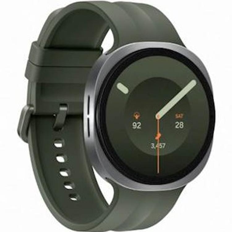 Pametna ura Galaxy Watch 44 mm z LTE povezljivostjo združuje eleganten srebrni okvir, zelen silikonski pašček in napredne funkcije za spremljanje zdravja ter aktivnosti.