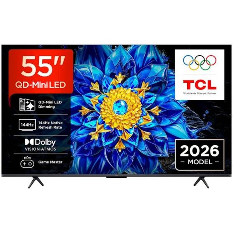 TCL črn televizor 55" QD‑Mini LED, sprednji pogled, tanek okvir, podpora 144 Hz, Dolby Vision in Game Master.