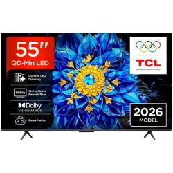 TCL črn televizor 55" QD‑Mini LED, sprednji pogled, tanek okvir, podpora 144 Hz, Dolby Vision in Game Master.