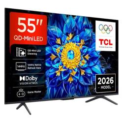 TCL televizor z velikim zaslonom 55", črn okvir, QD‑Mini LED, barvit moder cvetlični prikaz in oznaka model 2026.