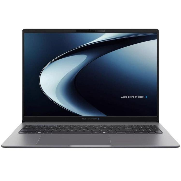 Sprednji pogled na ASUS ExpertBook prenosnik z ozkimi robovi zaslona, numerično tipkovnico in veliko sledilno ploščico.