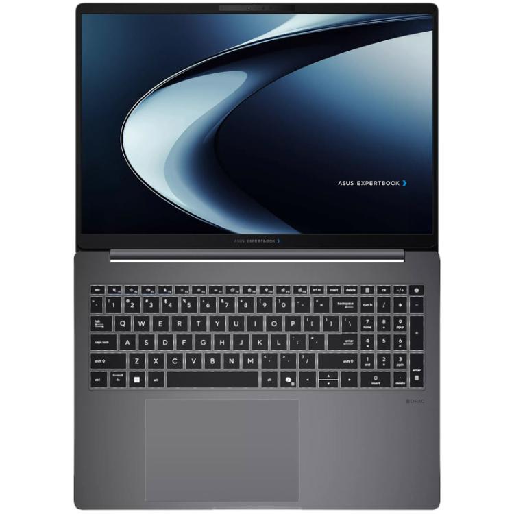 ASUS ExpertBook prenosnik s pogledom od zgoraj, ki prikazuje velik zaslon, numerično tipkovnico in prostorno sledilno ploščico.