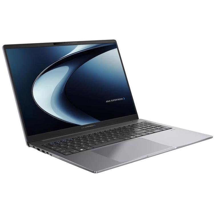 ASUS ExpertBook prenosnik, prikazan pod kotom z velikim zaslonom, numerično tipkovnico in elegantnim kovinskim ohišjem.