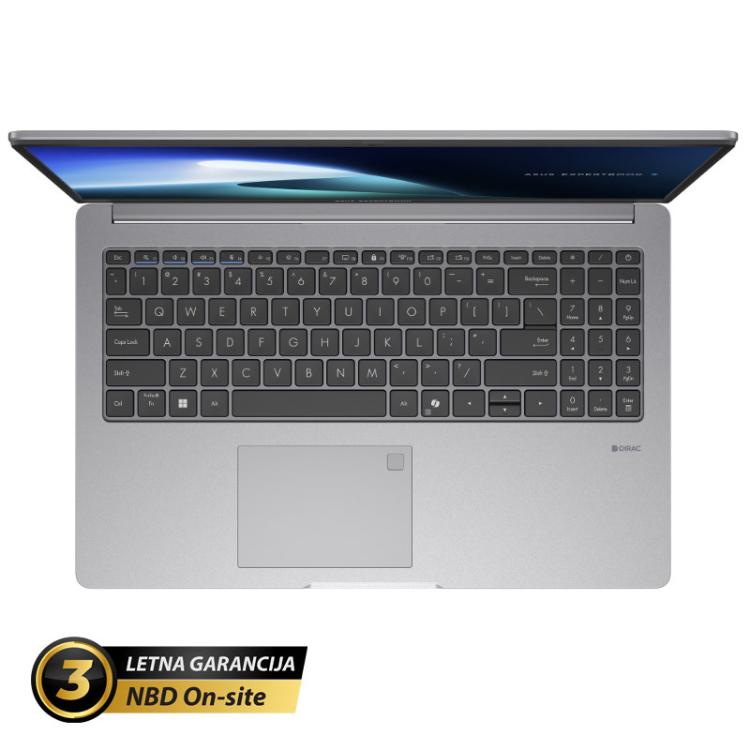 ASUS ExpertBook z elegantnim srebrnim ohišjem, ergonomsko tipkovnico in certifikatom vzdržljivosti MIL-STD-810H združuje mobilnost, zanesljivost in profesionalen videz.
