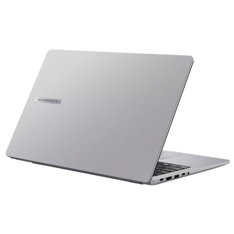 Zadnja stran prenosnika ASUS ExpertBook z elegantnim srebrnim ohišjem, minimalističnim dizajnom in tankim profilom poudarja profesionalen videz ter visoko mobilnost za poslovne uporabnike.
