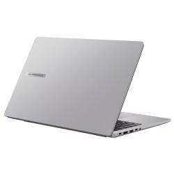 Zadnja stran prenosnika ASUS ExpertBook z elegantnim srebrnim ohišjem, minimalističnim dizajnom in tankim profilom poudarja profesionalen videz ter visoko mobilnost za poslovne uporabnike.