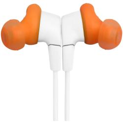 Bele žične ušesne slušalke z oranžnimi silikonskimi čepki, pogled s strani
