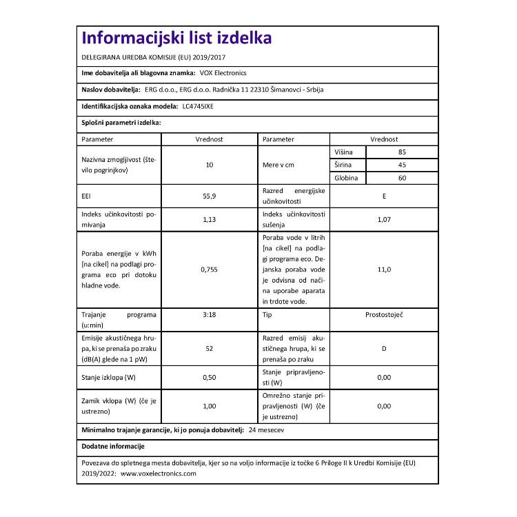 Pomivalni stroj VOX LC 4745 IX E, inox_2