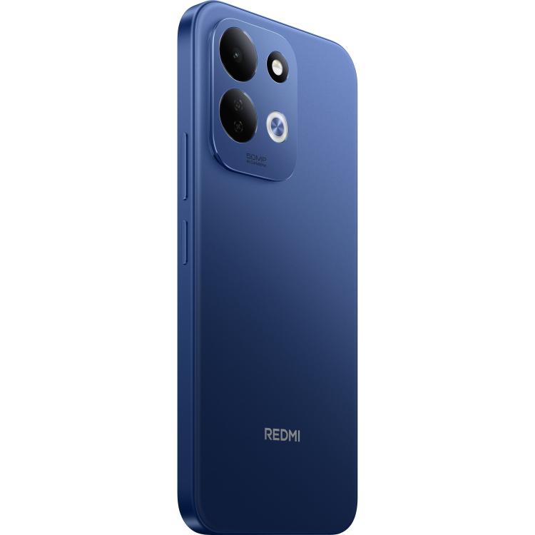 Pametni telefon Redmi v modri barvi, prikazan iz zadnjega stranskega kota z izstopajočim modulom kamer.