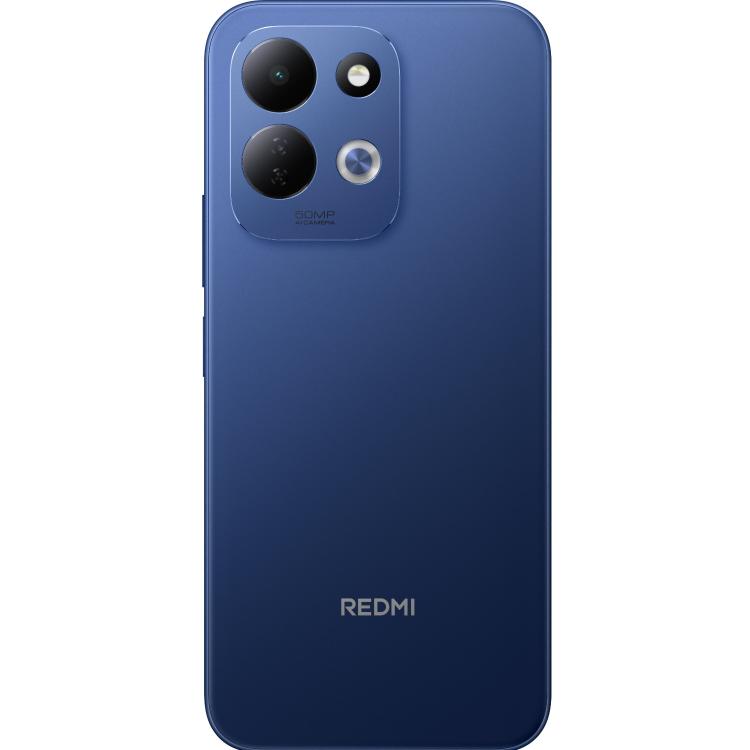 Hrbtna stran modrega pametnega telefona Redmi z dvojnim sistemom kamer 50 MP in LED-bliskavico.