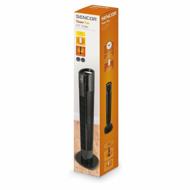 Embalaža Sencor stolpnega ventilatorja SFT 3113BK z označenimi funkcijami, daljinskim upravljanjem in oscilacijo