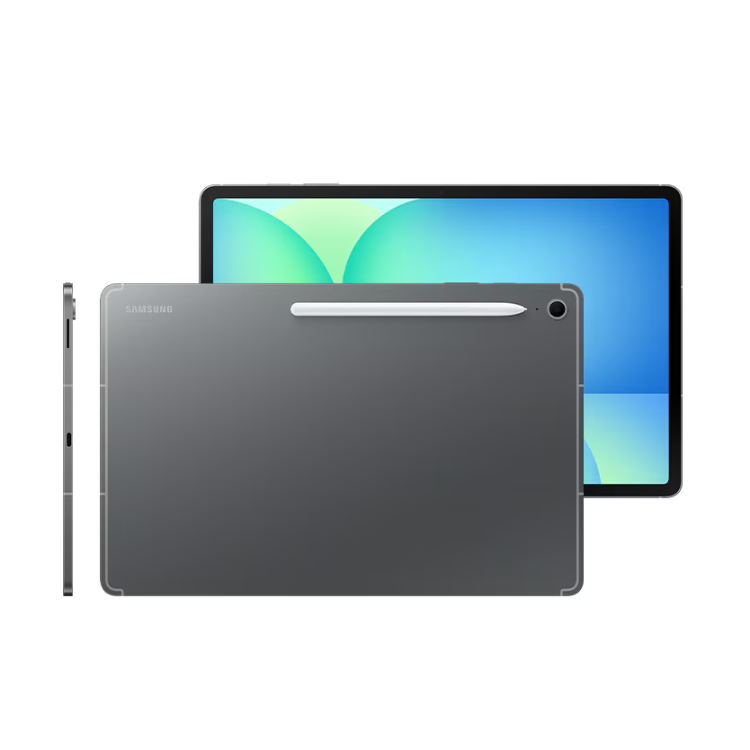 Samsung Galaxy Tab S10 FE+, siva tablica, sprednji, zadnji in stranski pogled, priloženo S Pen pisalo, tanek kovinski dizajn.