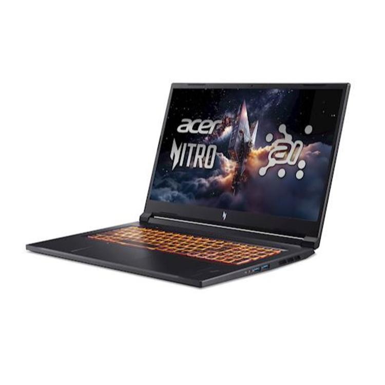 Prenosnik Acer Nitro 17 z oranžno osvetljeno tipkovnico in Nitro grafiko na zaslonu.
