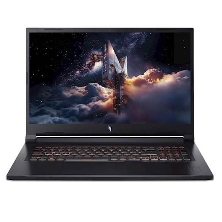 Sprednji pogled Acer Nitro 17, velik zaslon, osvetljena tipkovnica in centralno nameščen logotip.