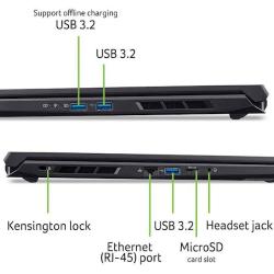 Stranski prikaz Acer Nitro 17: USB 3.2, Ethernet RJ‑45, microSD, Kensington lock in avdio priključek.