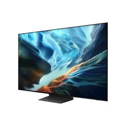 Samsung 83‑palčni OLED televizor na stojalu, sprednji pogled z dinamičnimi modro‑oranžnimi barvami zaslona.