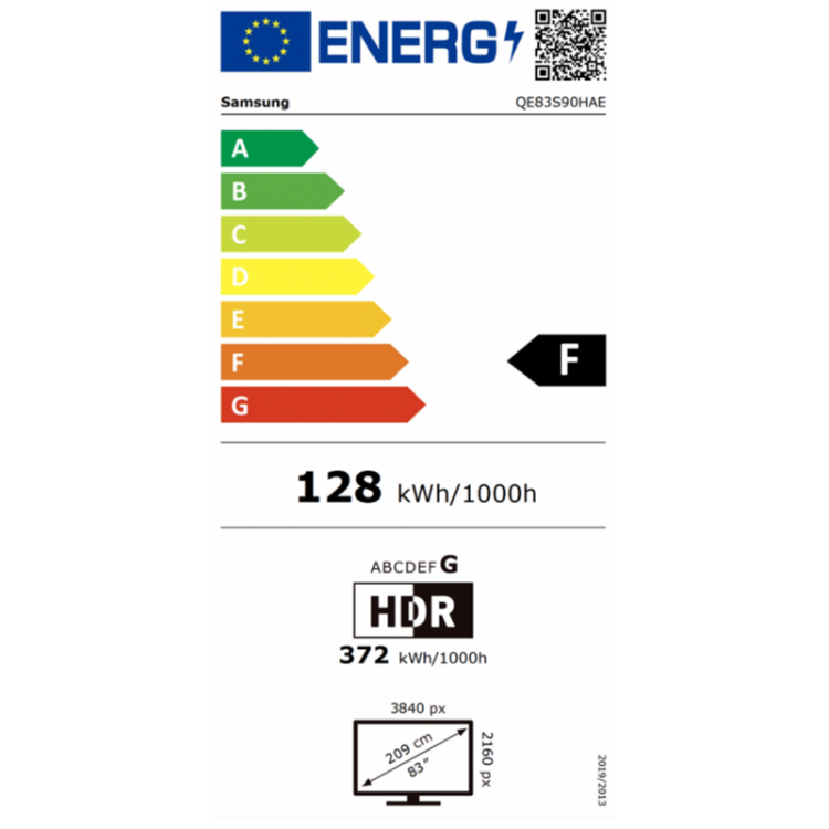 Energijska nalepka Samsung OLED TV QE83S90HAE z razredom učinkovitosti F, poraba 128 kWh/1000 h in diagonala 83 palcev.