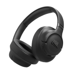 Črne JBL slušalke v poševnem pogledu, mehke blazinice in elegantno zaobljeno ohišje z gumbi.