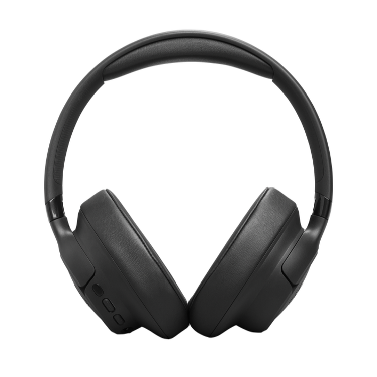 Črne JBL slušalke od spredaj, široke ušesne blazinice in robusten naglavni lok.