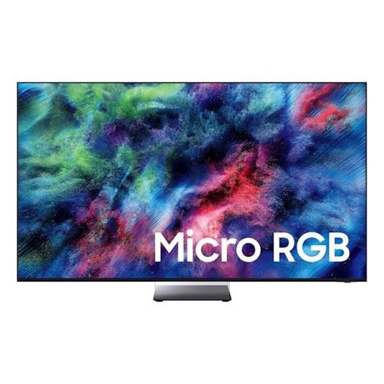 Samsung črn televizor z ravnim zaslonom Micro RGB, tanek okvir in kovinsko stojalo, prikaz barvite abstraktne slike.