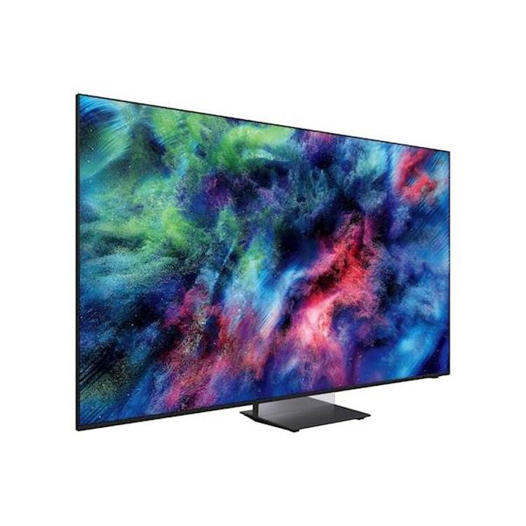 Samsung črn televizor Micro RGB, pogled pod kotom, tanek profil, široko kovinsko stojalo in živahen barvni prikaz.