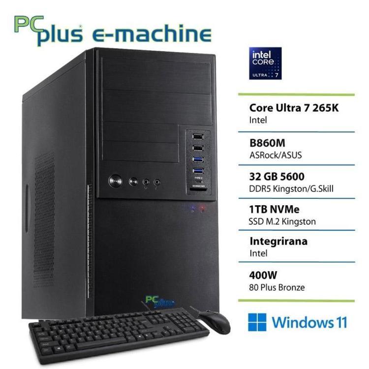 Namizni računalnik PC Plus e-machine v črnem ohišju s tipkovnico in miško, opremljen s procesorjem Intel Core Ultra 7 265K, 32 GB DDR5 pomnilnika, 1 TB NVMe SSD in operacijskim sistemom Windows 11.