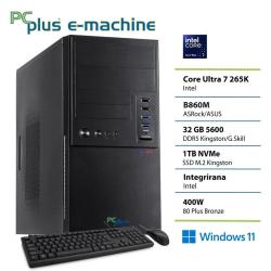Namizni računalnik PC Plus e-machine v črnem ohišju s tipkovnico in miško, opremljen s procesorjem Intel Core Ultra 7 265K, 32 GB DDR5 pomnilnika, 1 TB NVMe SSD in operacijskim sistemom Windows 11.