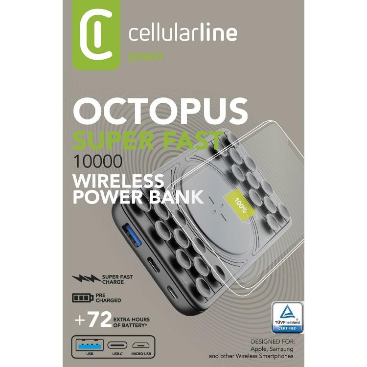 Prenosna baterija CellularLine Octopus, brezžična, 10000 mAh