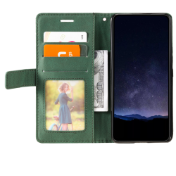 Zelena preklopna torbica WLGO Lines za Honor 600 Smart z režami za kartice, prostorom za bankovce in prozornim žepom za fotografijo.