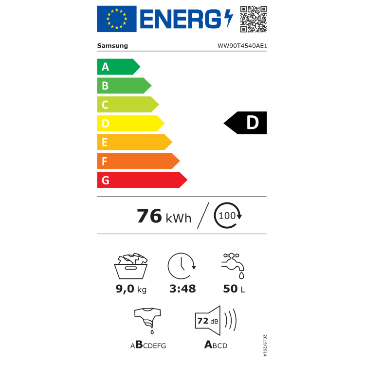 Energijska nalepka za pralni stroj Samsung WW90T4540AE1 z energijskim razredom D, porabo 76 kWh na 100 ciklov, zmogljivostjo 9 kg, porabo 50 L vode na cikel, trajanjem programa 3 h 48 min in glasnostjo 72 dB pri ožemanju.