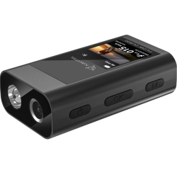 Navitel Flow DL500 kolesarska kamera z lučjo v črni barvi, prikazana pod kotom z vgrajenim zaslonom, kamero, LED-lučjo in gumbi za upravljanje.
