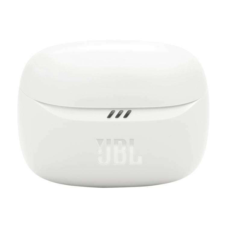 JBL Tune Beam 2 polnilni etui, bel, zaprt, LED indikacija, minimalističen dizajn z logotipom JBL.