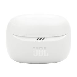 JBL Tune Beam 2 polnilni etui, bel, zaprt, LED indikacija, minimalističen dizajn z logotipom JBL.
