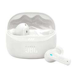 JBL Tune Beam 2 TWS slušalke, bele, odprt etui, vidna LED, silikonski nastavki, kompaktno ohišje.