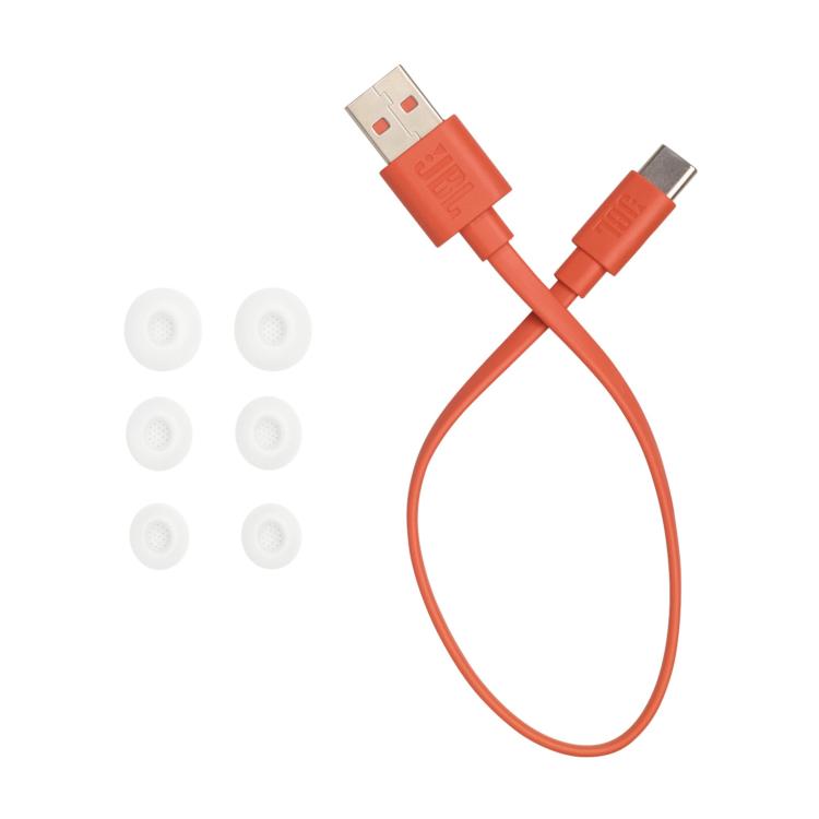 JBL Tune Beam 2 dodatki, beli silikonski čepki (več velikosti) in USB‑A na USB‑C polnilni kabel.