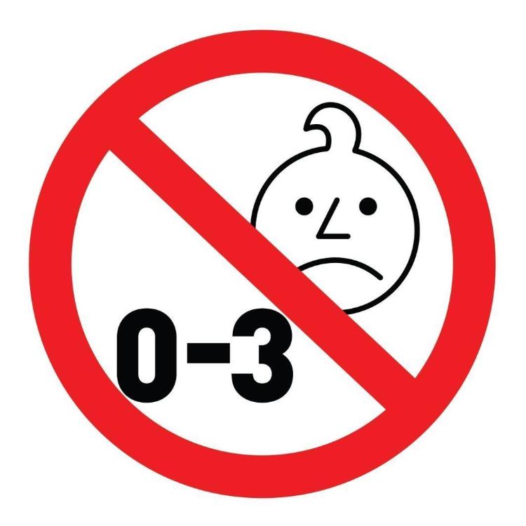 Opozorilni simbol prepovedi za otroke od 0 do 3 let zaradi majhnih delov.