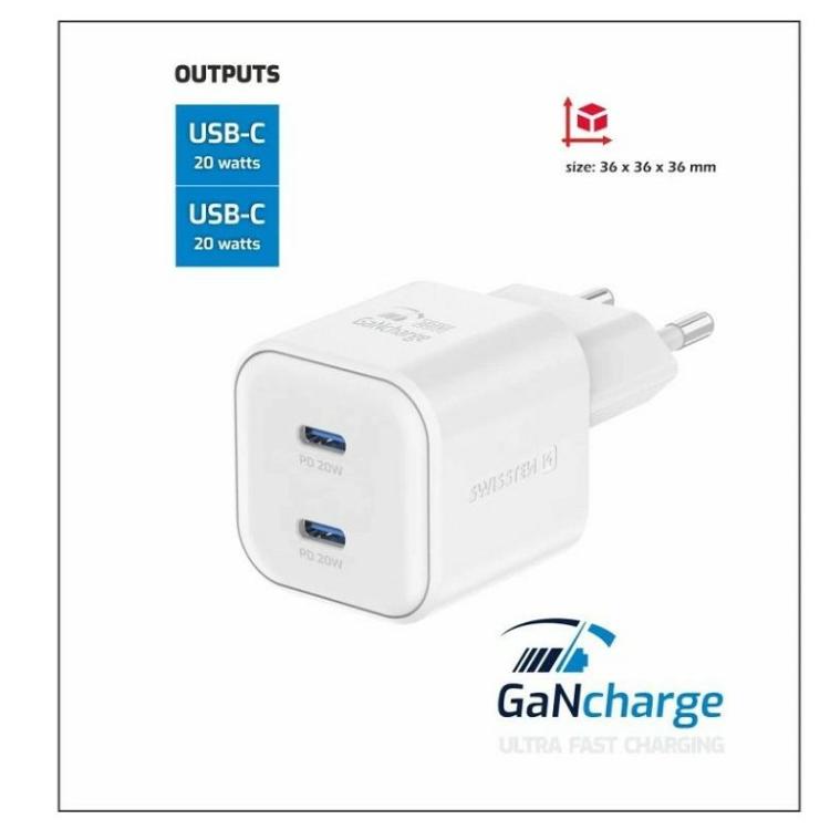 Hitri polnilnik Swissten 2× USB‑C PD 20 W v elegantni beli izvedbi omogoča sočasno polnjenje dveh naprav ter zagotavlja zanesljivo in energijsko učinkovito napajanje za vsakodnevno uporabo.