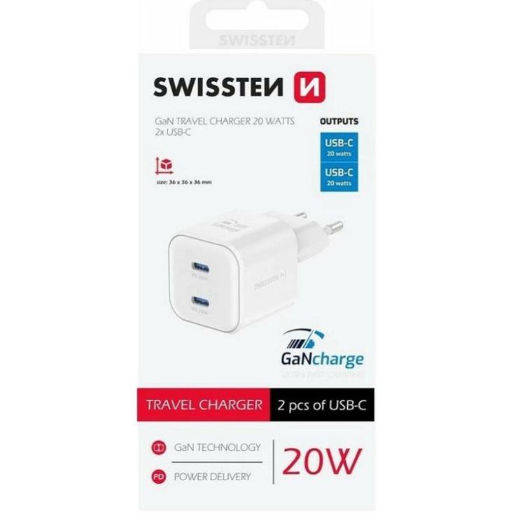 Kompaktni stenski polnilnik Swissten GaN Travel Charger z dvema USB‑C priključkoma in podporo Power Delivery 20 W omogoča hitro, varno in učinkovito polnjenje pametnih telefonov, tablic ter drugih sodobnih naprav.