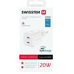 Kompaktni stenski polnilnik Swissten GaN Travel Charger z dvema USB‑C priključkoma in podporo Power Delivery 20 W omogoča hitro, varno in učinkovito polnjenje pametnih telefonov, tablic ter drugih sodobnih naprav.
