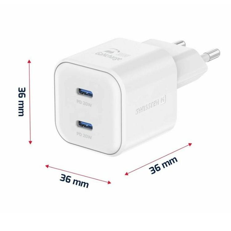 Swissten GaN polnilnik z napredno GaN tehnologijo, dvema USB‑C izhodoma in kompaktnimi dimenzijami 36 × 36 × 36 mm združuje visoko zmogljivost, majhnost in priročnost za uporabo doma, v pisarni ali na poti.