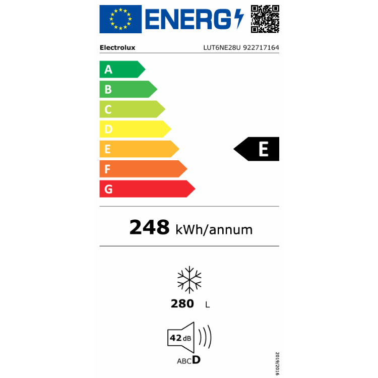 Energijska nalepka zamrzovalne omare Electrolux LUT6NE28U z razredom učinkovitosti E in porabo 248 kWh letno.