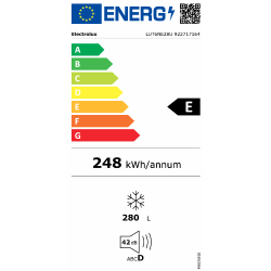 Energijska nalepka zamrzovalne omare Electrolux LUT6NE28U z razredom učinkovitosti E in porabo 248 kWh letno.