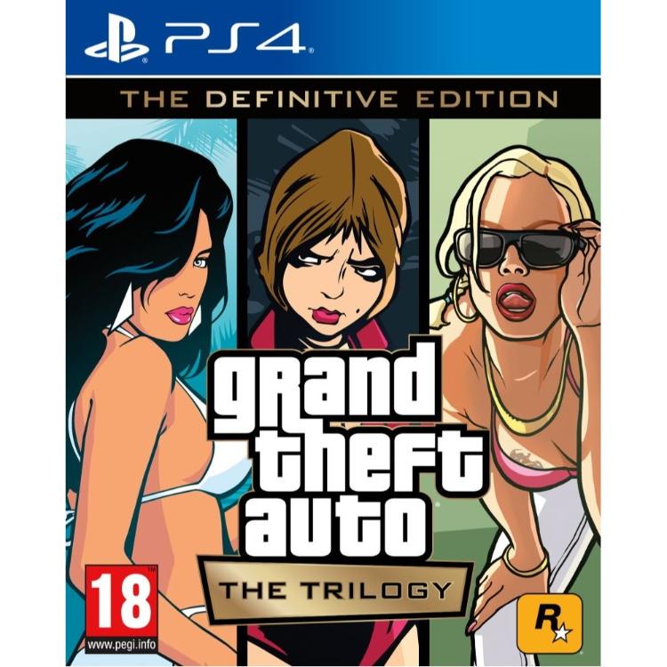 Grand Theft Auto: The Trilogy – The Definitive Edition za PS4, uradna naslovnica zbirke GTA III, Vice City in San Andreas.