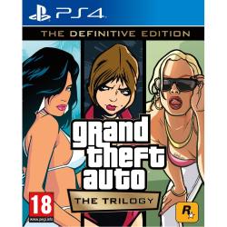 Grand Theft Auto: The Trilogy – The Definitive Edition za PS4, uradna naslovnica zbirke GTA III, Vice City in San Andreas.