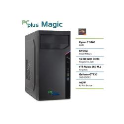 PC Plus Magic namizni računalnik, fotografiran iz levega sprednjega kota v kompaktnem črnem ohišju.