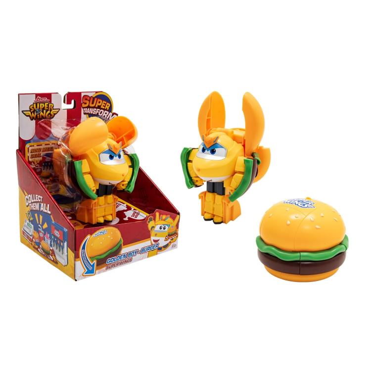 Igralni set Super Wings Golden Boy Burger s transformirajočo figuro Golden Boy in burgerjem, primeren za otroke 3+.