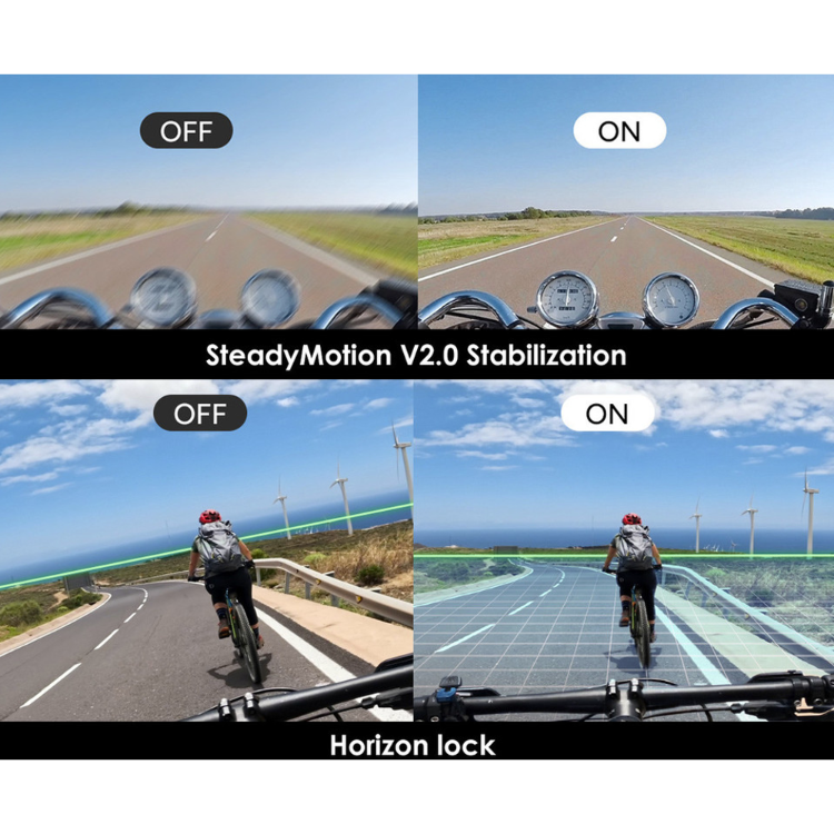 SJCAM akcijska kamera v črni barvi, prikazana s primerjavo stabilizacije SteadyMotion 2.0 in funkcije Horizon Lock za bolj gladke in poravnane videoposnetke.